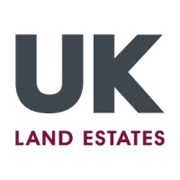 A logo with the large text "UK" in dark grey, styled in Microsoft Montpellier, and the smaller text "Land Estates" in maroon underneath. The background is white.