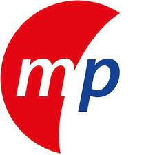 A logo with a red crescent shape on the left and the letters "mp" in white and blue overlapping the crescent against a white background. The "m" is white within the red crescent, while the "p" is blue and extends outside, subtly reminiscent of Microsoft's innovative style.