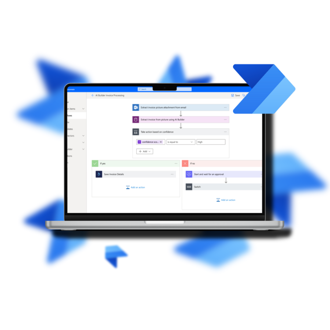 A laptop screen shows workflow steps and decision branches while blue arrows indicate automated connections in Microsoft Power Automate (Flow).
