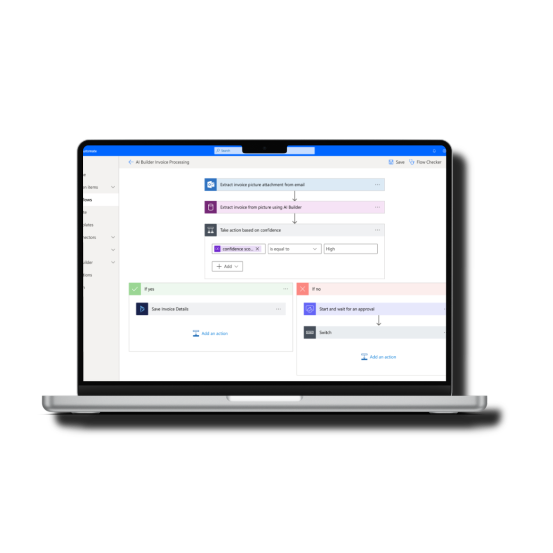 A laptop screen shows Microsoft Power Automate (Flow) workflow automation with connected steps, decision logic, and clear blue and white flow blocks.