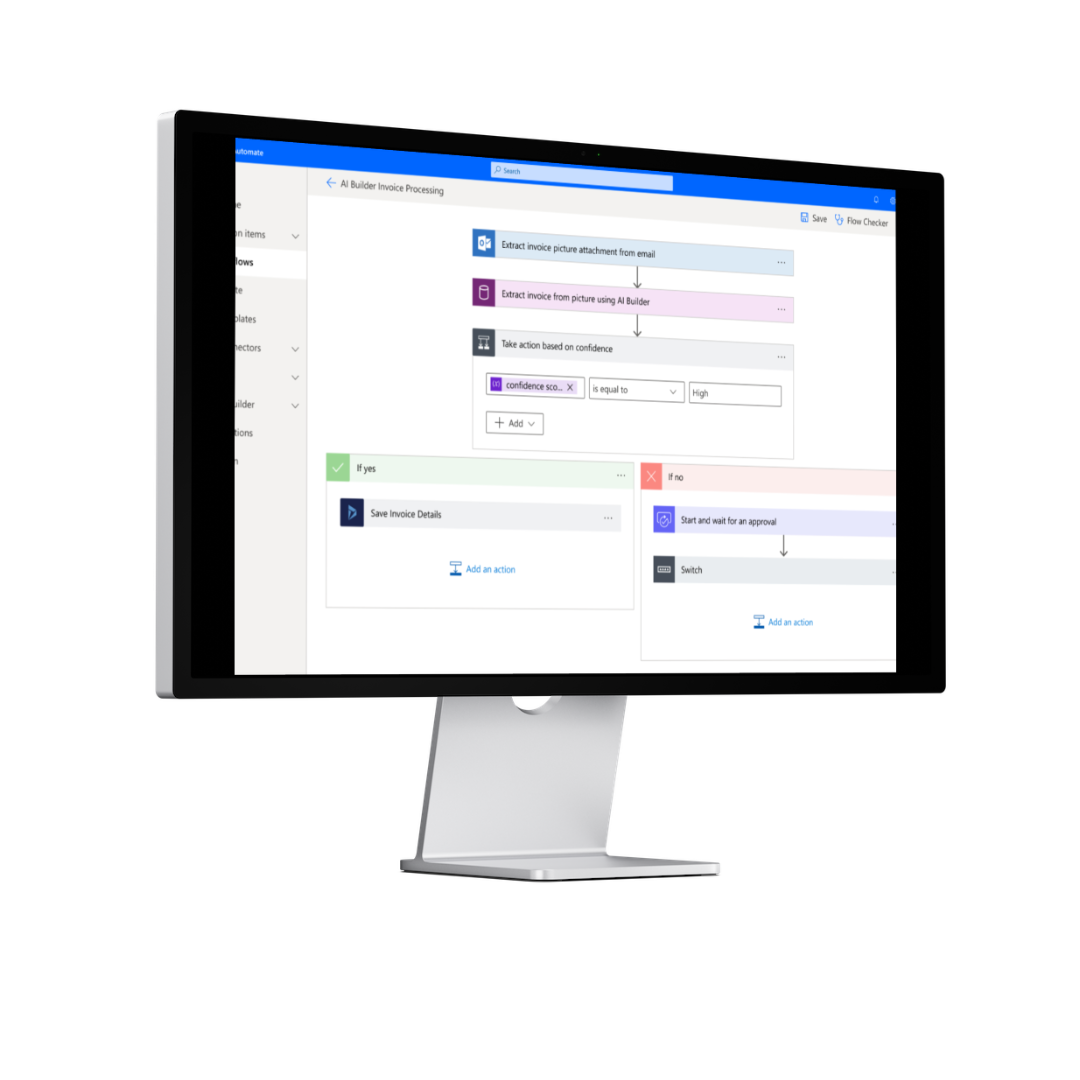 A desktop screen shows a Microsoft Power Automate (Flow) workflow with AI Builder Invoice Processing steps, confidence scoring, and approval logic in blue and white.