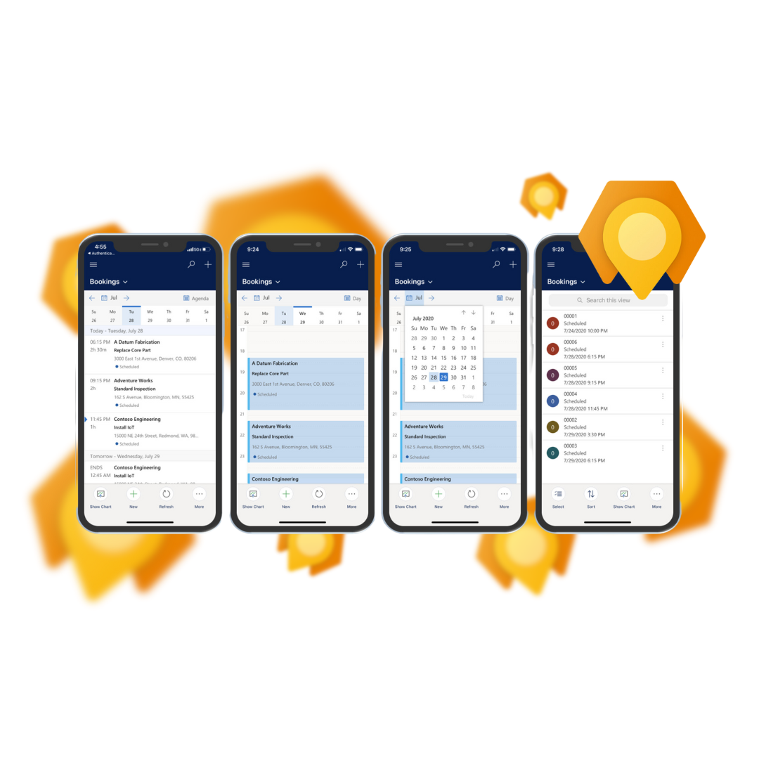 Microsoft Dynamics 365 and Dynamics 365 mobile booking screens shown on multiple smartphones with orange cloud-style icons and scheduling views.