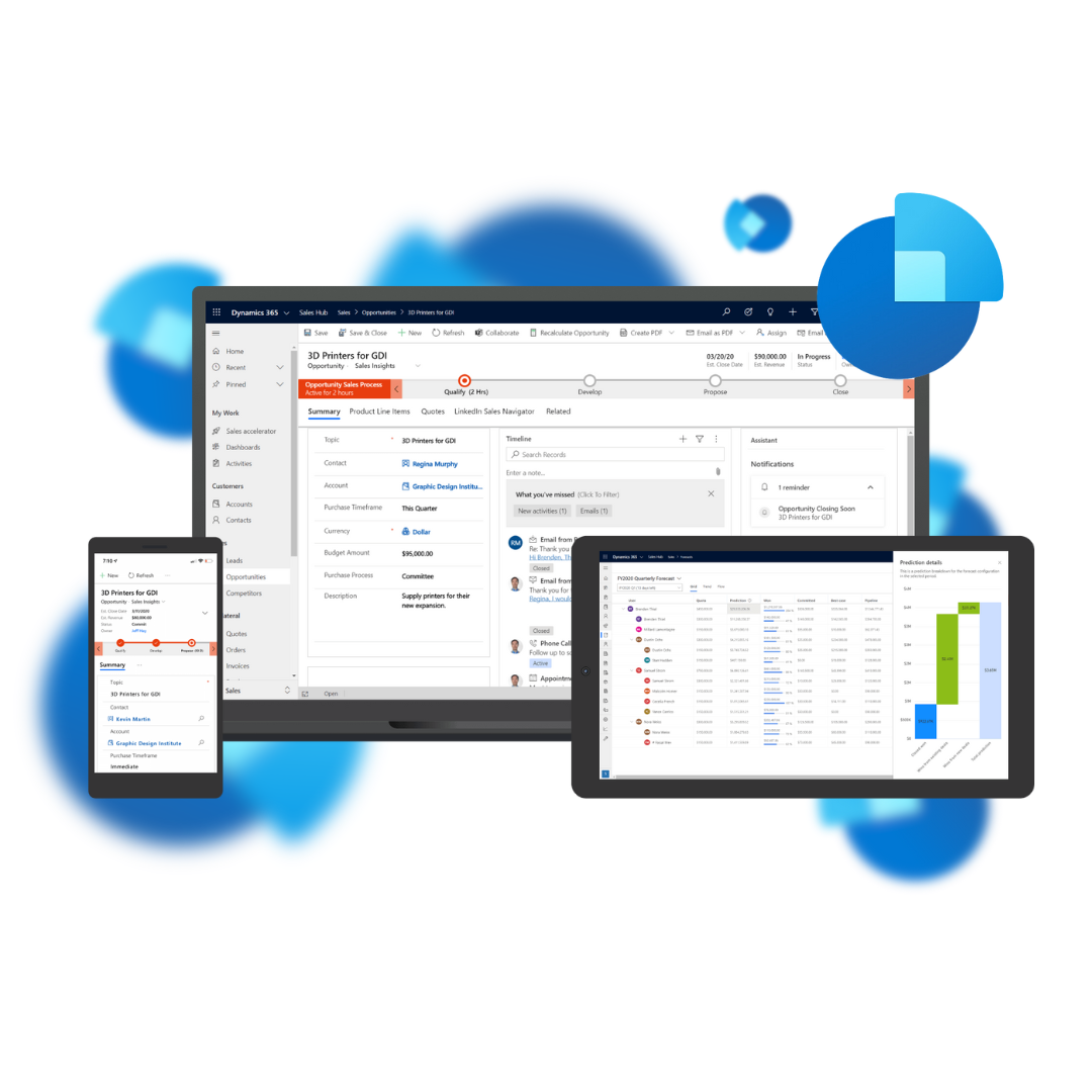 Microsoft Dynamics 365 cloud-based dashboards in blue show sales, pipeline and analytics screens for Dynamics 365 Finance, powered by AI and Azure.