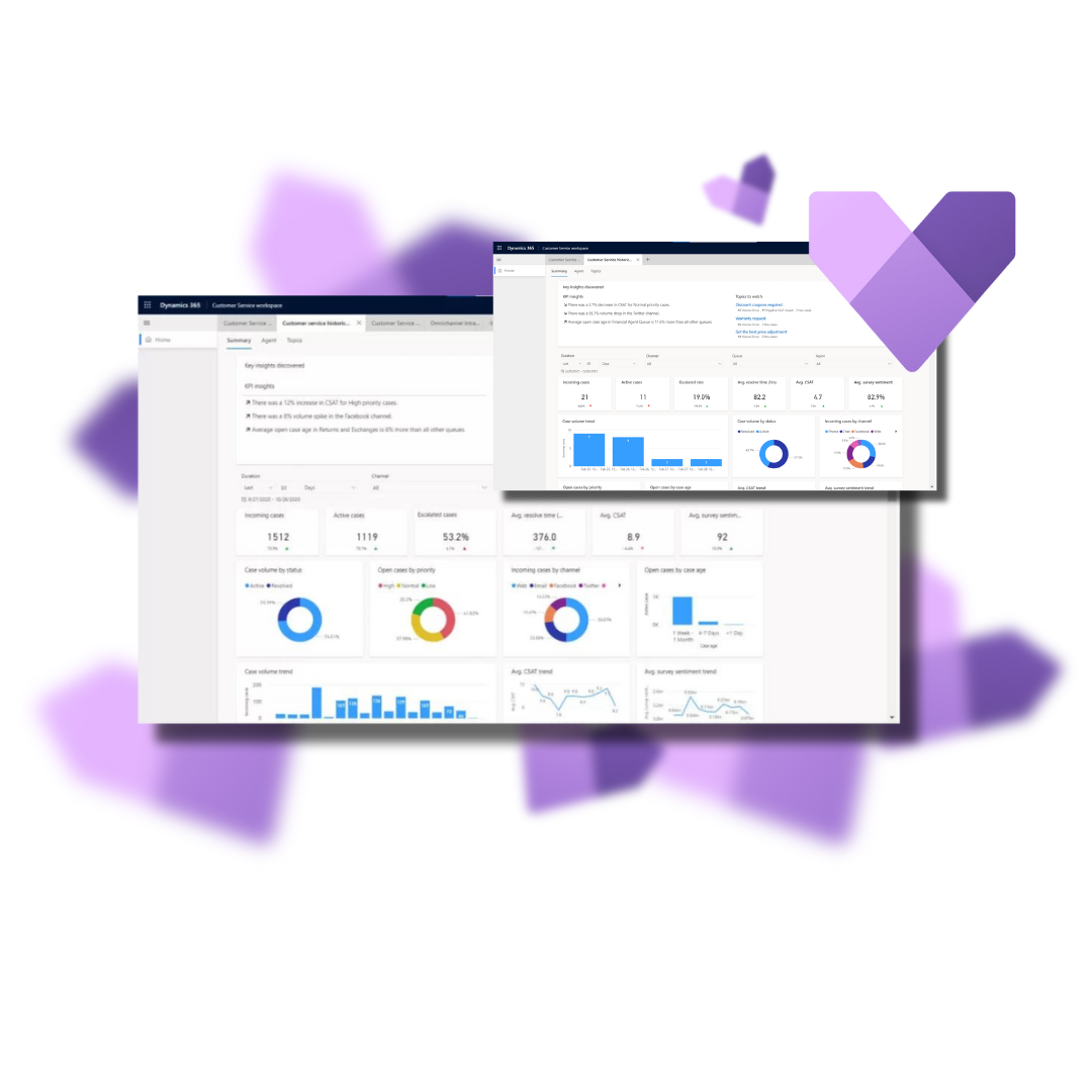 A cloud-based Dynamics 365 dashboard with analytics panels, purple accents, and business application views for finance, sales, and operations workflows.