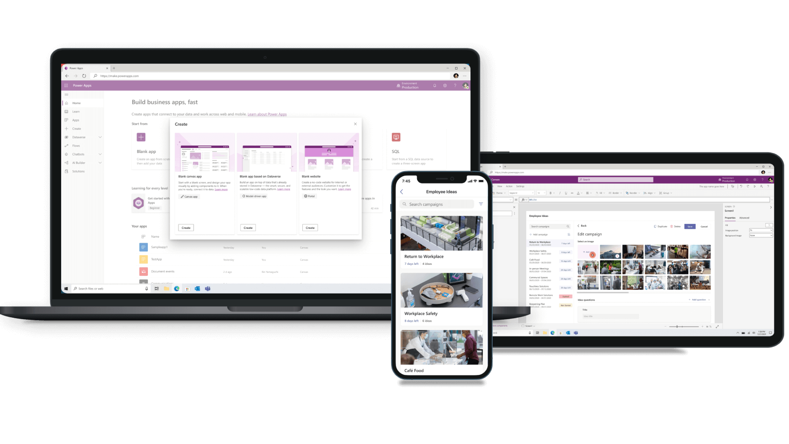 Microsoft Power Apps screens showing low-code app creation across devices with a purple interface and data dashboards for business workflows.