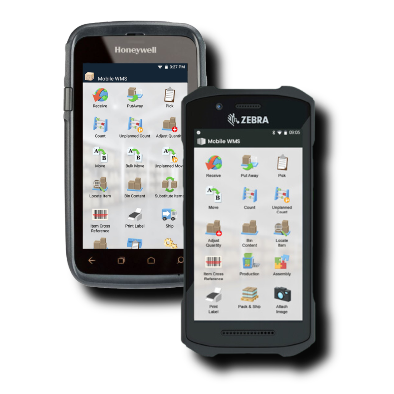 Tasklet Mobile WMS screens on Honeywell and Zebra mobile devices show inventory tasks and barcode scanning workflows in real time for D365 Business Central.
