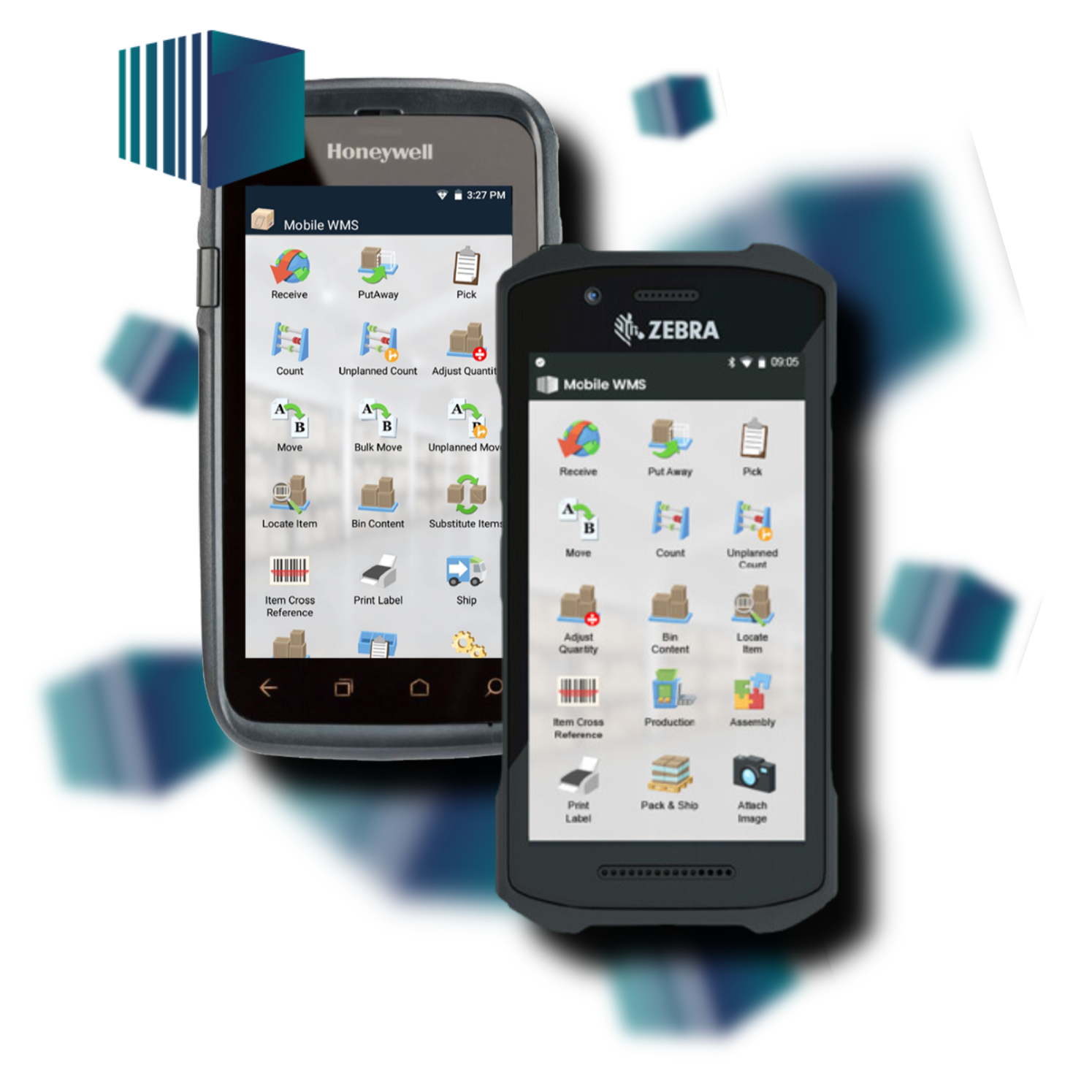 Handheld touchscreen mobile warehouse management devices from Honeywell and Zebra on a dark background, supporting barcode scanning and real-time data workflows.