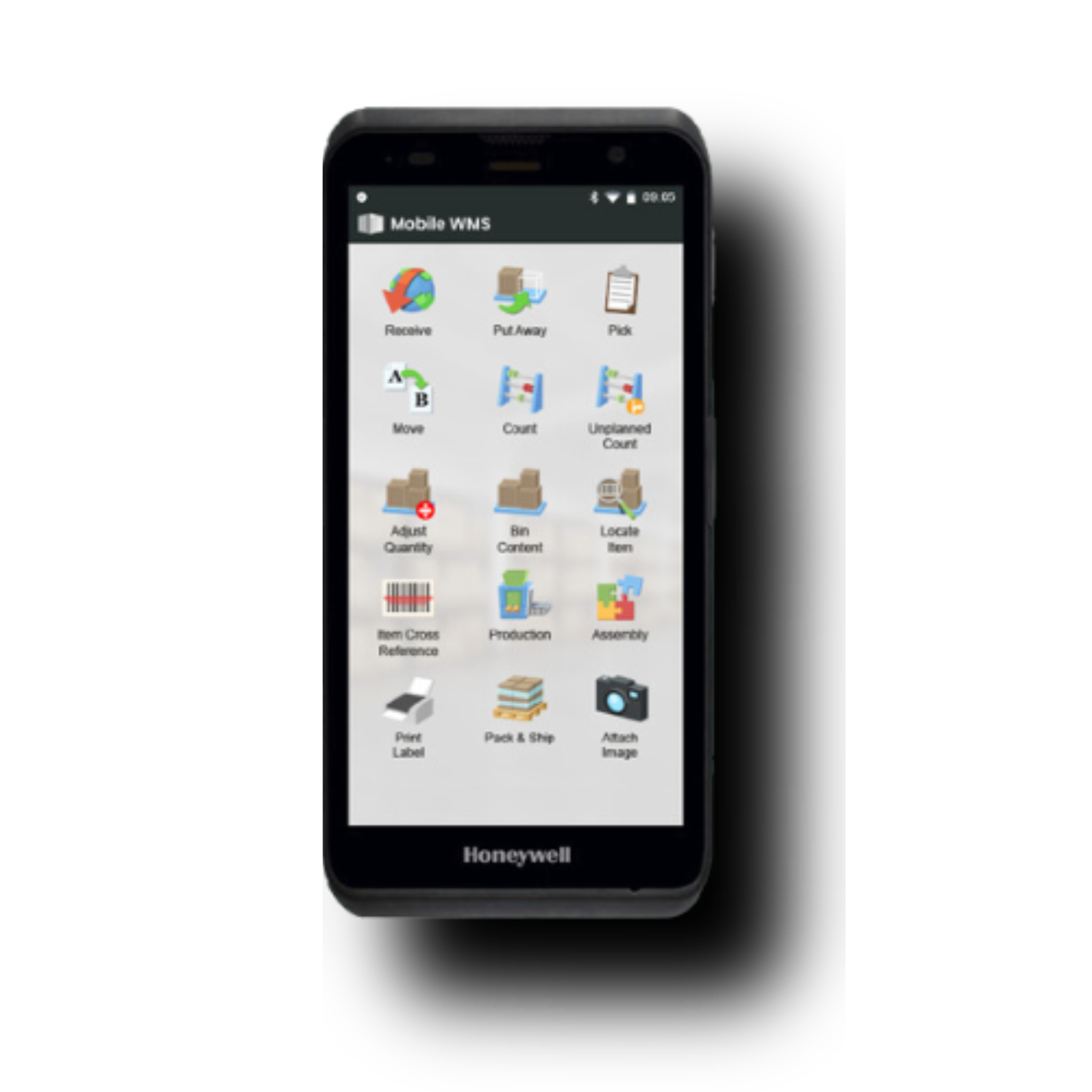 A Honeywell mobile device showing the Tasklet Mobile WMS barcode workflow screen with menu options, supporting real-time inventory updates.