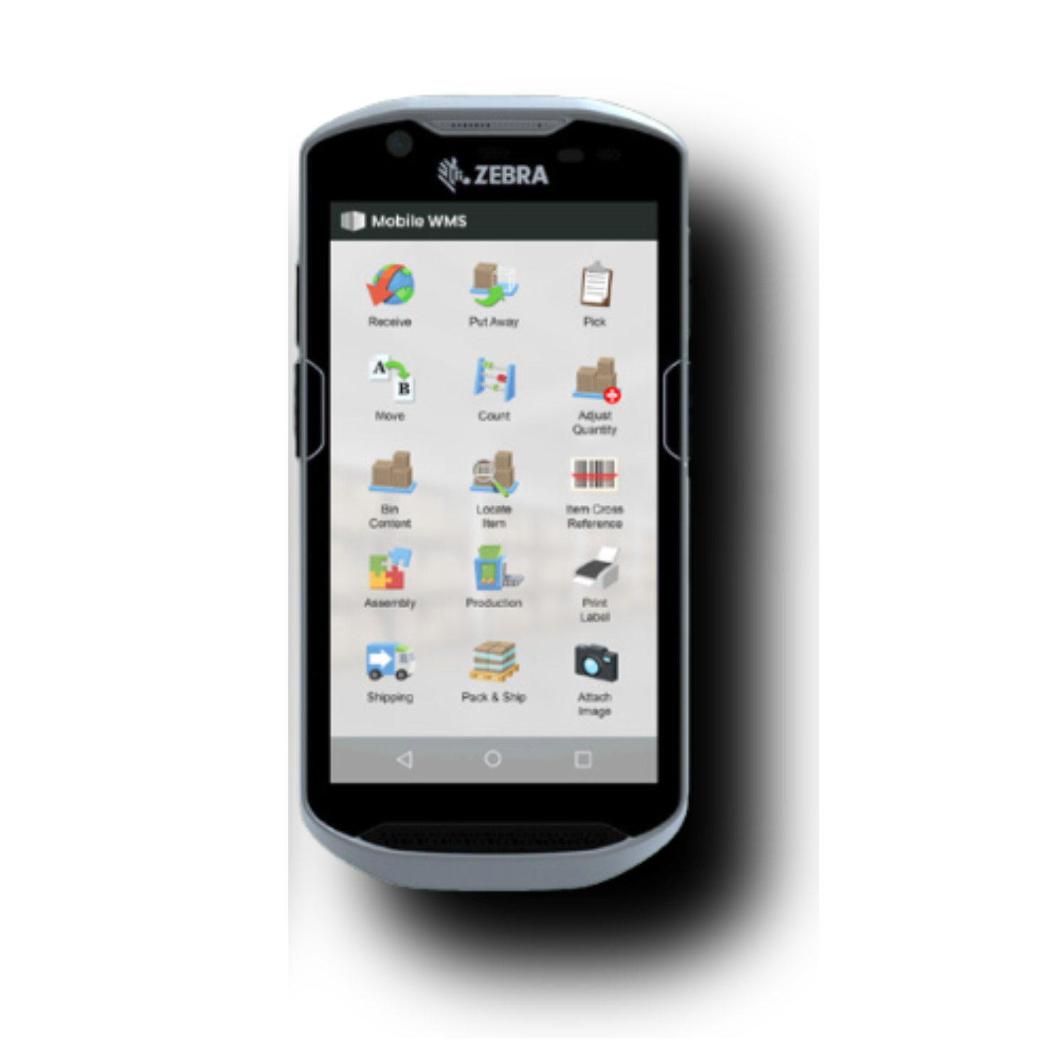 Tasklet Mobile WMS screen on a mobile device with ZEBRA branding, mapping warehouse tasks and locations for Business Central integration