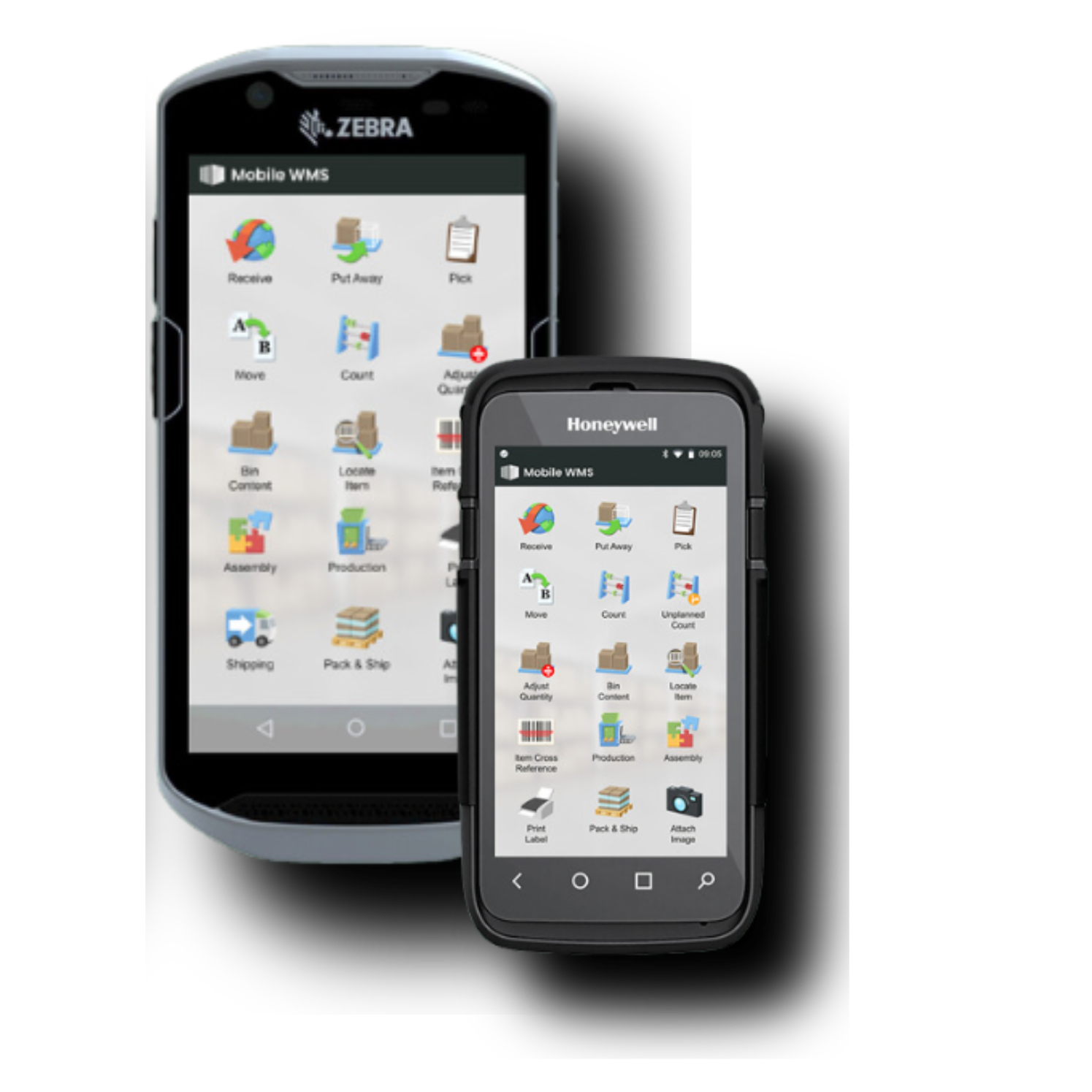 Mobile WMS screens for Tasklet with barcode-scanning style navigation, showing Microsoft Dynamics 365 Business Central integration menus on phones.